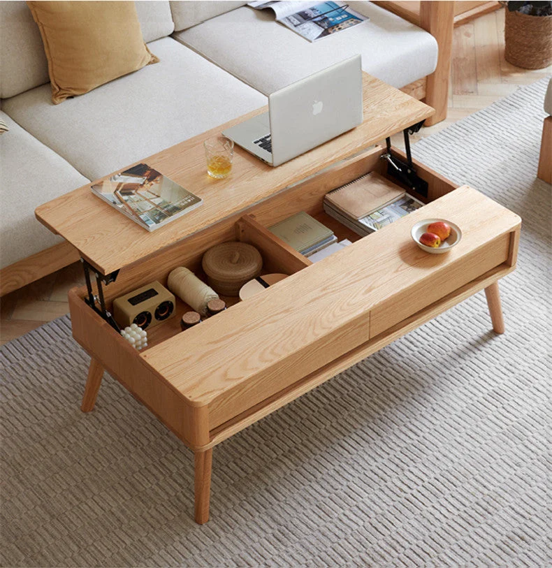 Table basse à plateau relevable en bois massif avec tiroirs et compartiments de rangement cachés