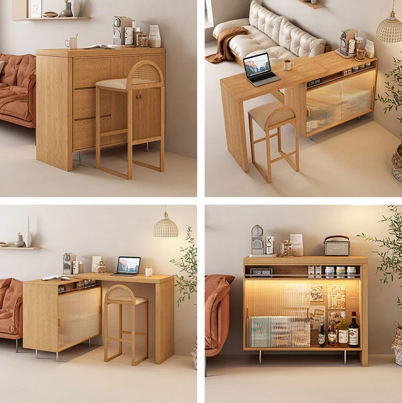 Table de bar en L avec buffet de rangement des deux côtés