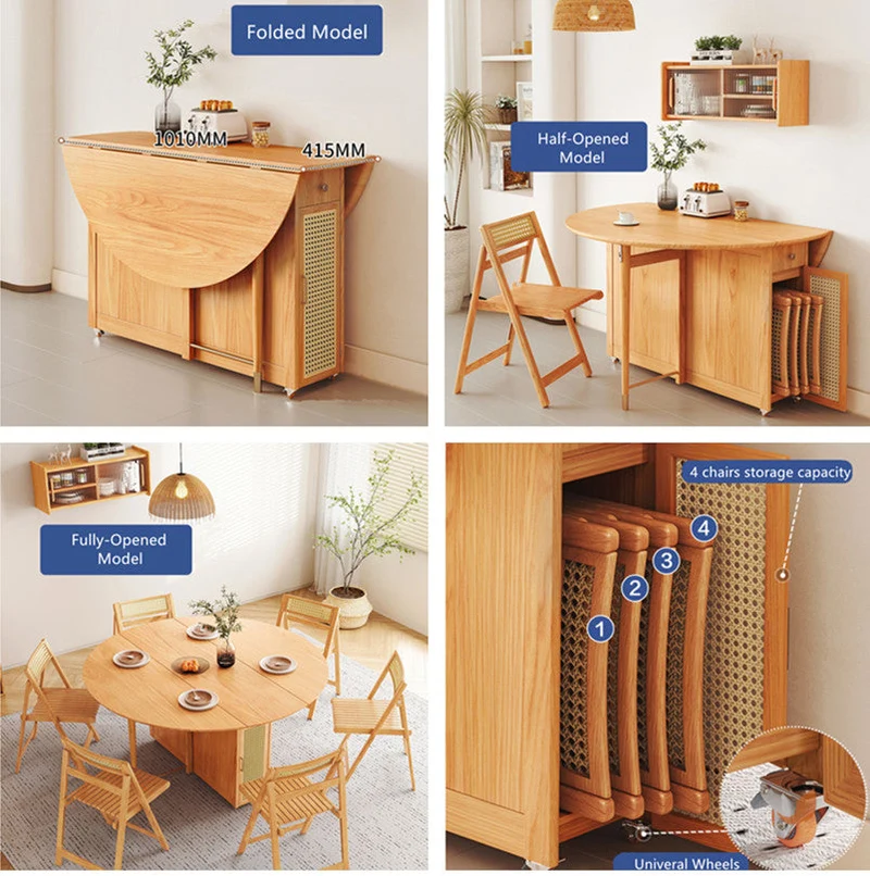 Table ronde à double abattant avec 4 chaises pliantes