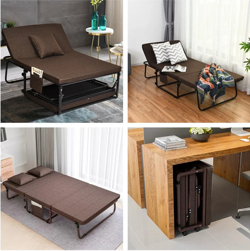 Lit d'invité pliable portable avec 6 positions réglables et poche de rangement latérale (marron, 78" LX 35" W)
