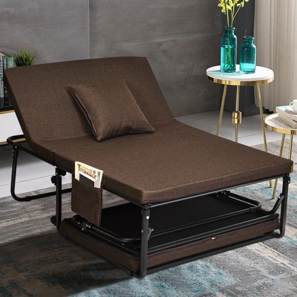 Lit d'invité pliable portable avec 6 positions réglables et poche de rangement latérale (marron, 78" LX 35" W)