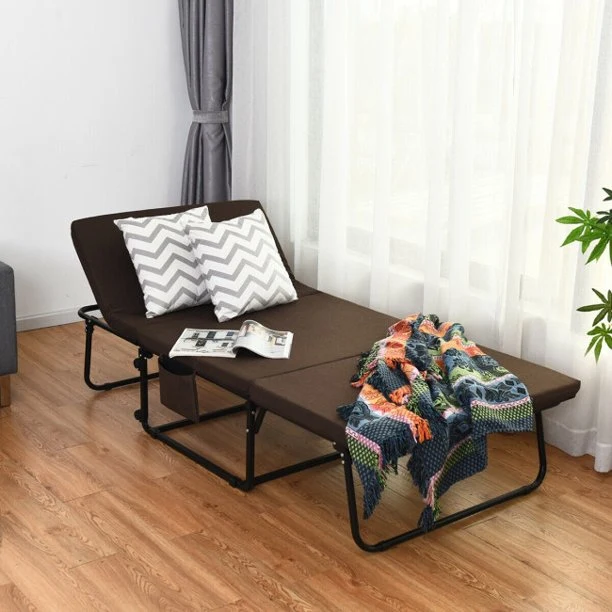 Lit d'invité pliable portable avec 6 positions réglables et poche de rangement latérale (marron, 78" LX 35" W)