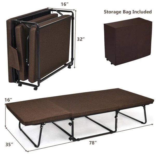 Lit d'invité pliable portable avec 6 positions réglables et poche de rangement latérale (marron, 78" LX 35" W)