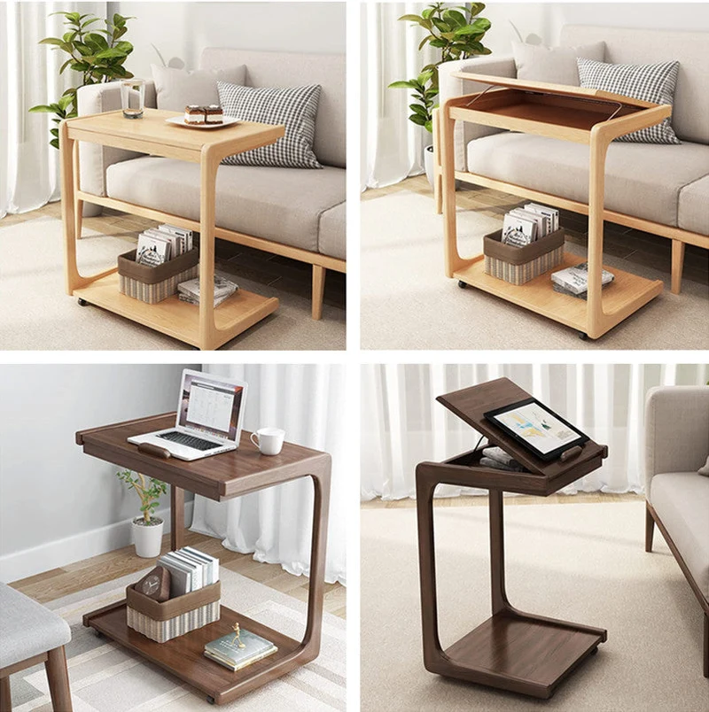 Table d'appoint réglable en forme de C en bois massif avec roues verrouillables