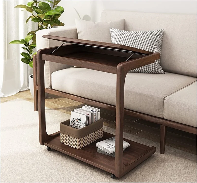 Table d'appoint réglable en forme de C en bois massif avec roues verrouillables