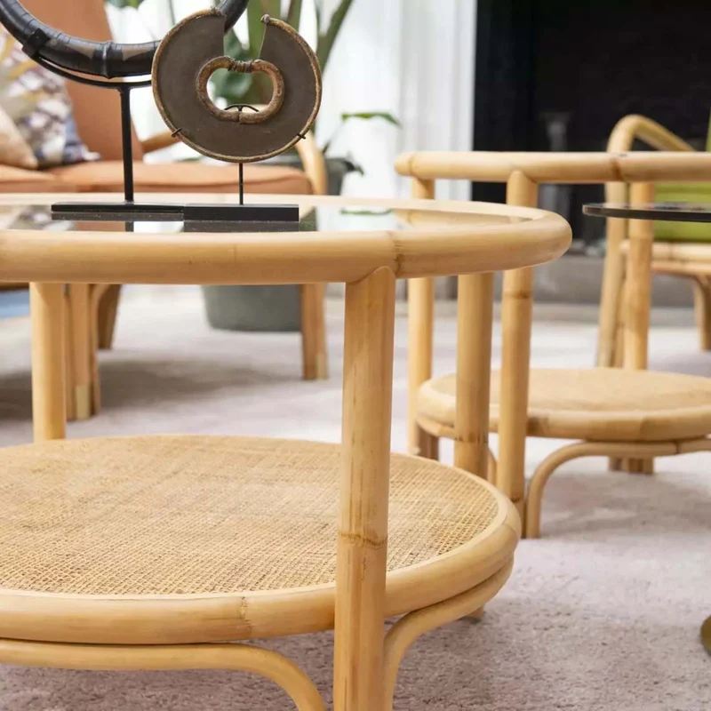 TABLE BASSE ROTIN & VERRE